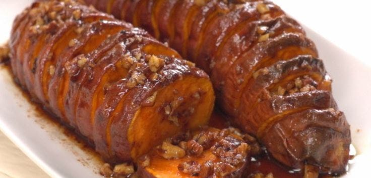 Cover Image for Hasselback Maple Pecan Sweet Potatoes