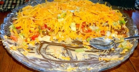 Cover Image for Layered Mexican Taco Dip – Party All Night With Tortilla Chips In Hand