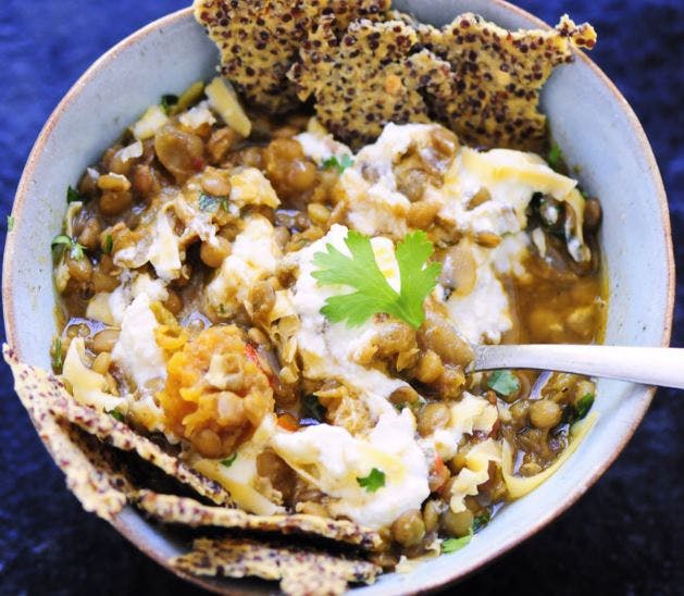 Cover Image for Lentil and Butternut Squash Vegetarian Chili with Spicy Chickpea Quinoa Crackers