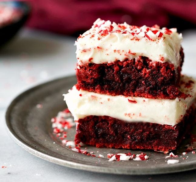 Cover Image for RED VELVET PEPPERMINT BROWNIES WITH PEPPERMINT CREAM CHEESE FROSTING